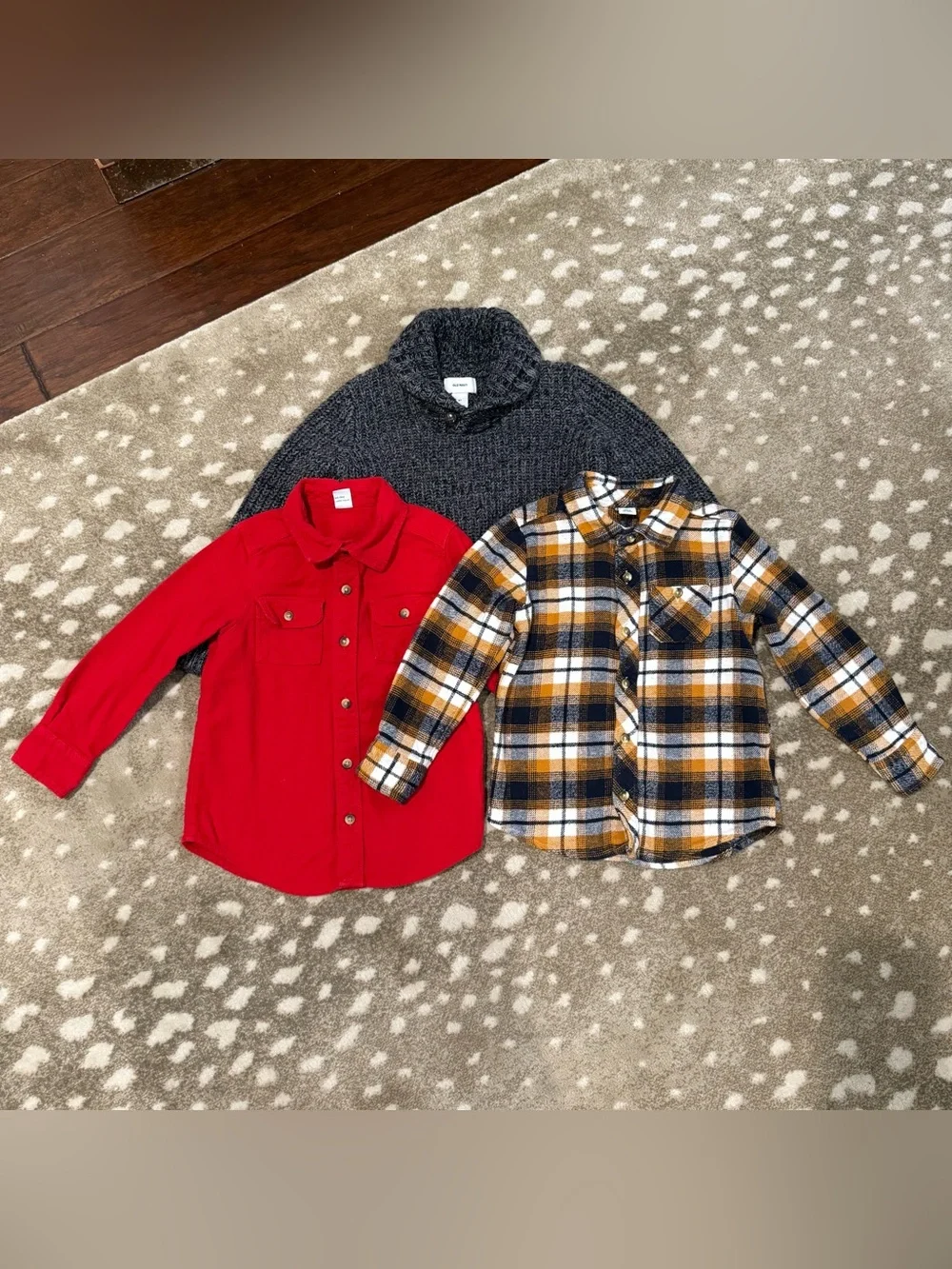 Bundle (3) Old Navy Kids Red, Plaid Button-Front Top and Gray Sweater. Size 5T